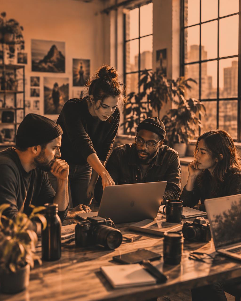 Creators and operators working together around a studio table